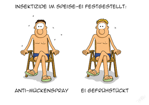 Cartoon: Anti-Mücken-Eii (medium) by pierre-cda tagged ei,insektizide,eierskandal,lebensmittelskandal,lebensmittel,fipronil,insektengift,niederlande,eier,cartoon,skandal
