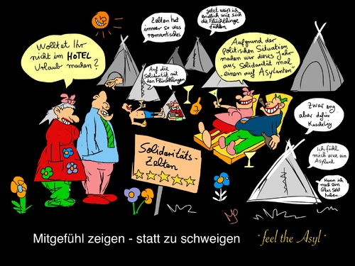 Cartoon: Mitfühlen (medium) by Maddn tagged asylanten,flüchtlinge,zelte,solidarität,übetfüllung,menschenunwürdig,afrika