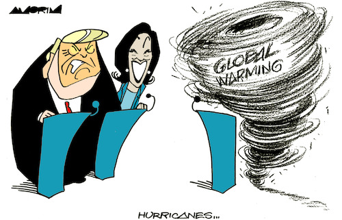 Cartoon: Presidential debates (medium) by Amorim tagged hurricane,milton,kamala,harris,donald,trump,hurricane,milton,kamala,harris,donald,trump