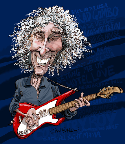 Cartoon: Albert Lee (medium) by Ian Baker tagged albert,lee,guitar,rock,country,music,caricature,ian,baker,cartoon,hair,boy,hogans,heroes,eric,clapton,road,runner,hiding,setting,me,up,picking,fast,playing