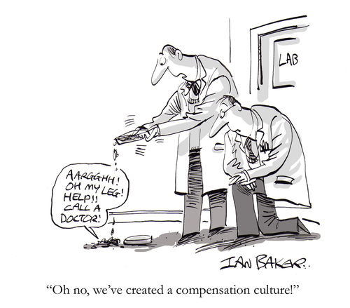 Cartoon: Compensation culture (medium) by Ian Baker tagged gag,cartoon,magazine,press,ian,baker,politics,science,lab,culture,compensation,satire,humour
