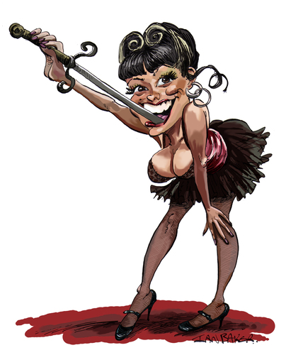 Cartoon: Heather Holliday (medium) by Ian Baker tagged heather,holliday,sideshow,carny,carnival,coney,island,sword,swallower,fire,knife,sexy,caricature,cartoon,girl,ian,baker,blade,show,business