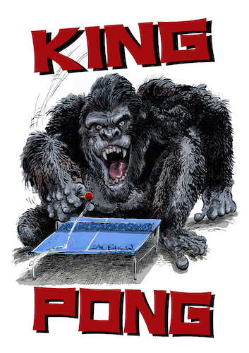 Cartoon: King Pong (medium) by Ian Baker tagged king,kong,ping,pong,monkey,ape,gorilla,primate,wild,animal,jungle,huge,sci,fi,horror,movies,films,sport,ball,ian,baker,cartoon,caricature,parody,spoof,satire