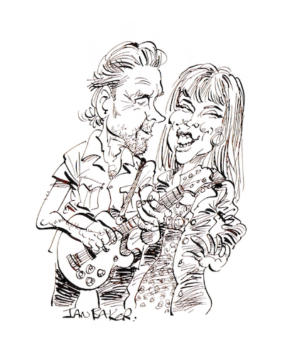 Cartoon: Pat Benatar and Neil Giraldo (medium) by Ian Baker tagged pat,benatar,neil,giraldo,music,musicians,singers,singer,songs,pop,rock,guitar,ian,baker,cartoon,caricature,parody,spoof,illustration