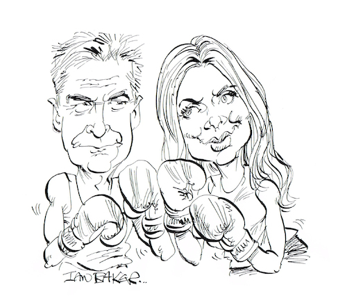 Cartoon: Phillip Schofield and Holly Will (medium) by Ian Baker tagged phillip,schofield,holly,willoughby,this,morning,itv,british,television,presenters,fight,bully,rift,argument,enemies,ian,baker,cartoon,caricature,spoof,parody,satire,illustration