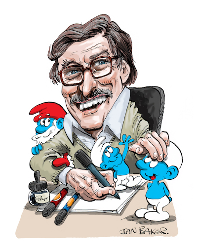 Cartoon: Pierre Culliford (medium) by Ian Baker tagged peyo,pierre,culliford,smurfs,papa,belgium,europe,comics,cartoons,animation,johan,and,peewit,national,petrol,hanna,barbera,ian,baker,cartoon,caricature,cartoonist,parody,satire,illustration,tribute,characters,1970s,1980s