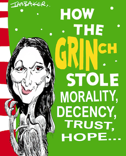 Cartoon: Priti Patel (medium) by Ian Baker tagged priti,patel,boris,johnson,conservatives,politics,uk,england,britain,brexit,dr,seuss,ian,baker,cartoon,caricature,satire,grinch,christmas