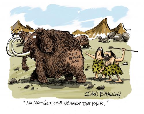 Cartoon: Saga Magazine Gag (medium) by Ian Baker tagged dinoasaurs,mammoths,cave,men