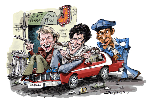 Cartoon: Starsky and Hutch (medium) by Ian Baker tagged starsky,and,butch,ian,baker,caricature,cartoon,tv,film,actors,seventies,70s,cops,paul,michael,glaser,david,soul,antonio,fargas,los,angeles,america,artwork,celebrity,action,police