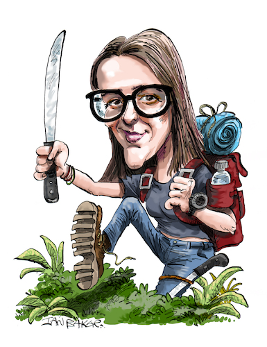 Cartoon: Survival Lilly (medium) by Ian Baker tagged survival,lilly,ian,baker,cartoon,caricature,youtube,instagram,archeryt,knives,tents,torches,camping,hunting,woods,jungle,forest,glasses,danger
