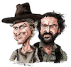 Cartoon: Terence Hill and Bud Spencer (small) by Ian Baker tagged terence,hill,bud,spencer,cowboy,western,film,movie,stars,actors,ian,baker,caricature,cartoon,celebrity,famous,spaghetti,old