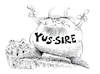 Cartoon: Yus - Sire (small) by Ian Baker tagged yus,sire,monster,creature,ogre,notre,dame,saying,catchphrase,quote,mountain,cartoon,caricature,ian,baker,parody,spoof,character