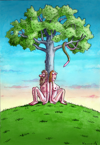 Cartoon: Adam and Eva (medium) by marian kamensky tagged humor,garten eden,gott,bibel,religion,entstehung,paradies,adam,eva,schlagen,sex,verhütung,sünde,garten,eden