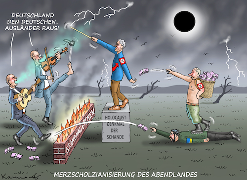 Cartoon: BRANDMÄUERCHEN DER SCHANDE (medium) by marian kamensky tagged wahlen,in,sachsen,und,thüringen,afd,höcke,faschismus,wagenknecht,bsw,wahlen,in,sachsen,und,thüringen,afd,höcke,faschismus,wagenknecht,bsw