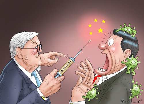 Cartoon: CHINESE WILL NICHT GESUND SEIN (medium) by marian kamensky tagged kp,parteitag,in,china,xi,jinping,biontech,corona,kp,parteitag,in,china,xi,jinping,biontech,corona