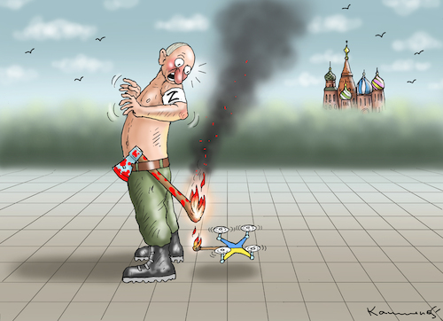 Cartoon: DROHNENANGRIFFE IN MOSKAU (medium) by marian kamensky tagged drohnenangriffe,in,moskau,drohnenangriffe,in,moskau