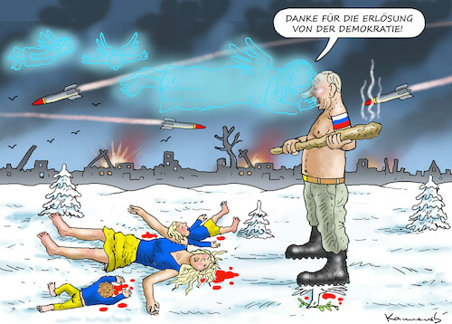 Cartoon: ERLÖSER DER UKRAINE (medium) by marian kamensky tagged putins,bescherung,ukraine,provokation,baerbock,lawrow,nato,osterweiterung,putins,bescherung,ukraine,provokation,baerbock,lawrow,nato,osterweiterung
