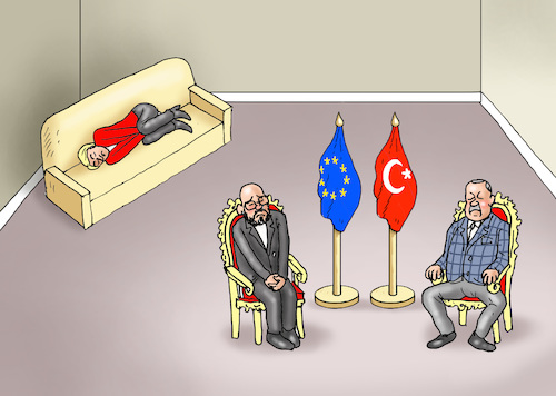 Cartoon: EU-GIPFEL IN DER TÜRKEI (medium) by marian kamensky tagged eu,gipfel,in,der,türkei,von,leyen,erdogan,eu,gipfel,in,der,türkei,von,leyen,erdogan