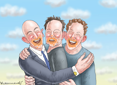 Cartoon: HAPPY MAR-A-LAGO BOYS (medium) by marian kamensky tagged musk,trump,zuckerberg,bezos,felon,and,elon,in,panama,musk,trump,zuckerberg,bezos,felon,and,elon,in,panama