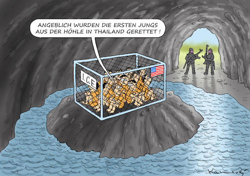 Cartoon: IN AMERIKA GEHT ALLES LANGSAMER (medium) by marian kamensky tagged fussballmannschaft,in,thailand,höhle,rettung,fussballmannschaft,in,thailand,höhle,rettung