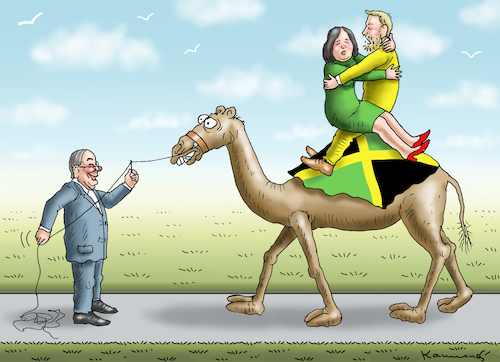 Cartoon: JAMAIKA-KAMEL DURCHS NADELOHR (medium) by marian kamensky tagged tv,triell,laschet,baerbock,scholz,merkel,söder,jamaika,zukunftsteam,tv,triell,laschet,baerbock,scholz,merkel,söder,jamaika,zukunftsteam