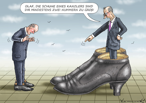 Cartoon: OLAFS SHUHDEBAKEL (medium) by marian kamensky tagged bundeshaushalt,2024,scholz,merz,bundeshaushalt,2024,scholz,merz