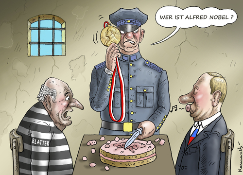 Cartoon: Putins Nobelpreis für Blatter (medium) by marian kamensky tagged fbi,und,blatter,fifa,fussbal,platini,dfb,beckenbauer,kaiser,korruption,rücktritt,fbi,und,blatter,fifa,fussbal,platini,dfb,beckenbauer,kaiser,korruption,rücktritt