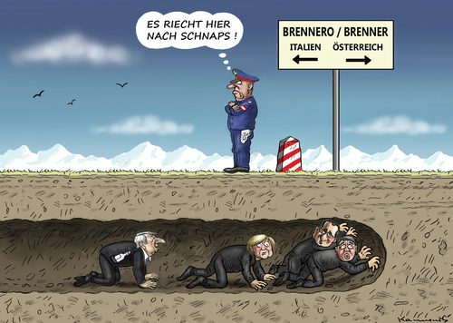 Cartoon: SCHNAPSIDEE (medium) by marian kamensky tagged juncker,merkel,renzi,hollande,österreich,brenner,pass,juncker,merkel,renzi,hollande,österreich,brenner,pass