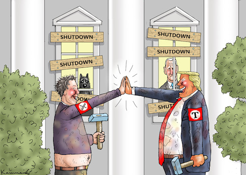 Cartoon: SHUTDOWN (medium) by marian kamensky tagged musk,trump,zuckerberg,bezos,shutdown,musk,trump,zuckerberg,bezos,shutdown