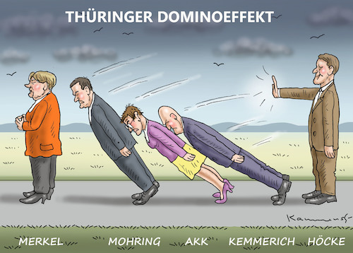 Cartoon: THÜRINGER DOMINOEFFEKT (medium) by marian kamensky tagged merkel,seehofer,unionskrise,csu,cdu,flüchtlinge,gauland,merz,afd,akk,spahn,pegida,hutbürger,höcke,führer,wahlen,thüringen,kemmerich,mohring,merkel,seehofer,unionskrise,csu,cdu,flüchtlinge,gauland,merz,afd,akk,spahn,pegida,hutbürger,höcke,führer,wahlen,thüringen,kemmerich,mohring