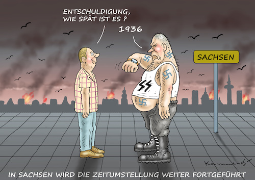 Cartoon: ZEITUMSTELLUNG IN SACHSEN BLEIBT (medium) by marian kamensky tagged chemnitz,lynchjustiz,rchtsradikale,proteste,sachsen,chemnitz,lynchjustiz,rchtsradikale,proteste,sachsen