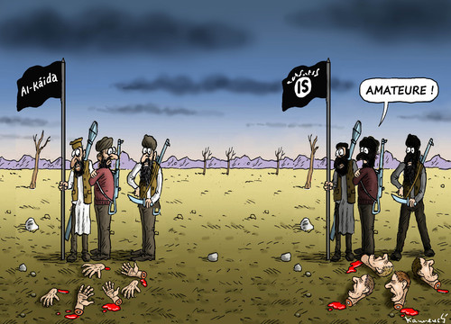 Cartoon: Zwei religioten Gruppen (medium) by marian kamensky tagged irak,isis,al,baghdadi,kaida,terrorismus,bundeswehr,irak,isis,al,baghdadi,kaida,terrorismus,bundeswehr