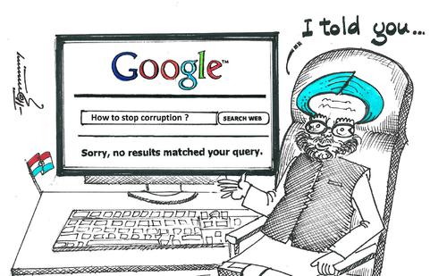 Cartoon: Google search by Indian PM (medium) by Thommy tagged india,corruption,manmohan,singh