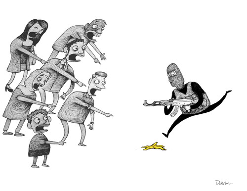 Cartoon: Terrorist and babana skin (medium) by dariush ramezani tagged terrorism,cartoon