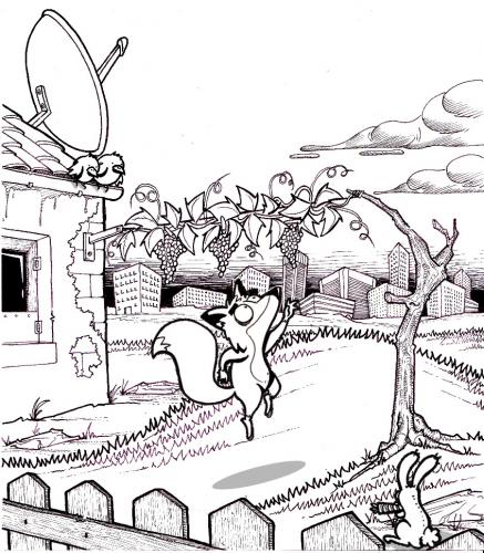 Cartoon: the fox and the grapes (medium) by buddybradley tagged fox,grapes,bunny,bird,aesop,fable,esopo,favola,illustration,illustrazione,black,white,bianco,nero,collina,citta,cartoon,handmade,hill,city,jump,jumping,drawing,drawn,the