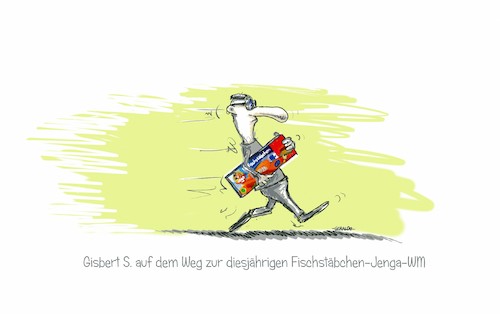 Cartoon: Fischstäbchen-jenga-WM (medium) by geralddotcom tagged mann,fischstäbchen,wm,jenga,ziel,wettbewerb,selbstbewußt