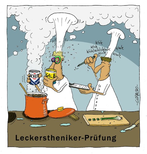 Cartoon: Leckerstheniker Prüfung (medium) by geralddotcom tagged lecker,legasthenie,küche,koch,prüfung,angst,gewürze