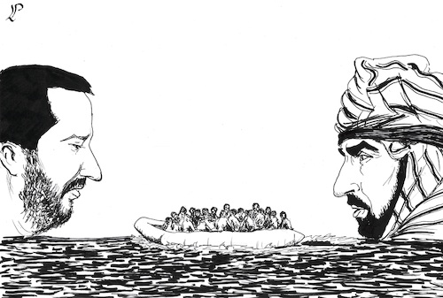 Cartoon: In the middle of the sea (medium) by paolo lombardi tagged migrants,europe,africa,libya,italy,the