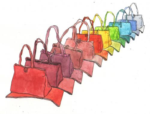 Cartoon: rainbow (medium) by etsuko tagged rainbow,bags,illustration,taschen,tragetasche,frau,frauen,mode,design,regenbogen,farben,farbig,textilien,beutel,accessoires,stoffe,seide