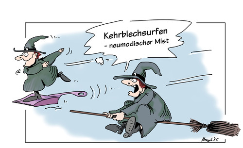 Cartoon: trendsport (medium) by Mergel tagged trendsport,surfen,hexen,besen,kehrblech,tradition,neumodisch,veränderung,hype