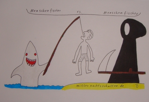 Cartoon: Menschenfischer untereinander (medium) by LaRoth tagged tod,sensenmann,grim,reaper,hai,shark,menschenfischer,fischer,fisherman,tier,animal,fishing,fischen,men