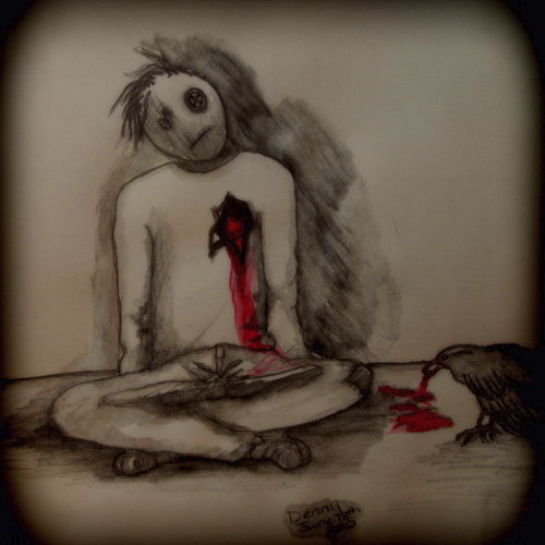 Cartoon: Death by Crow (medium) by Krinisty tagged death,crow,pencil,bleeding,heart,creepy,puppet