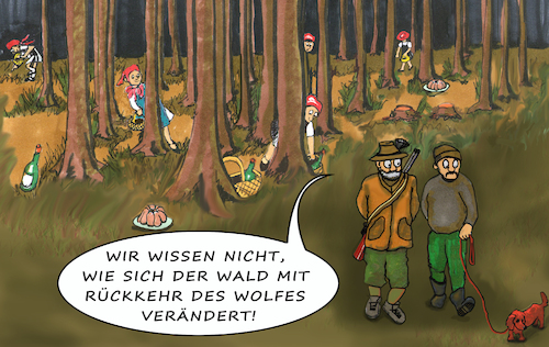 Cartoon: Der Wolf kehrt zurück (medium) by SoRei tagged wolf,böse,wald,lebensraum,isegrim,rotkäppchen,märchen,natur,wilde,tiere,ansiedeln,auswildern,renaturieren,jäger,förster,großmutter,krank,piroschka,brüder,grimm,gebrüder,volksmärchen,mythos,raubtier,hund,schakal,theater,oper,parodie,korb,kuchen,wein,mutter,warnung,weg,blumen,strauß,fressen,nachthemd,bett,haube,große,ohren,augen,großes,maul,steine,bauch,brunnen,interpretation,sexualität,staatforst,habitat,rudel,territorium,verbreitung,schutz,ausrottung,bestand,revier,population,tierschutz,artenschutz,jagd,wolf,böse,wald,lebensraum,isegrim,rotkäppchen,märchen,natur,wilde,tiere,ansiedeln,auswildern,renaturieren,jäger,förster,großmutter,krank,piroschka,brüder,grimm,gebrüder,volksmärchen,mythos,raubtier,hund,schakal,theater,oper,parodie,korb,kuchen,wein,mutter,warnung,weg,blumen,strauß,fressen,nachthemd,bett,haube,große,ohren,augen,großes,maul,steine,bauch,brunnen,interpretation,sexualität,staatforst,habitat,rudel,territorium,verbreitung,schutz,ausrottung,bestand,revier,population,tierschutz,artenschutz,jagd