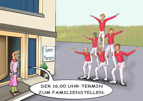 Cartoon: Familienstellen (medium) by SoRei tagged akrobatik,zirkus,manege,arena,sport,artisten,pyramide,therapeutin,psychologie,psychiatrie,system,verfahren,familielstellen,familienaufstellung,sozial,antisozial,dysfunktional,konstellation,familientmitglieder,beziehung,konflikt,beratung,heilung,hellinger,bernd,stellvertreter,gruppe,klient,herkunft,relationen,bezüge,dissonanz,wahrnehmumng,erstbild,abhängigkeiten,loyalität,intervention,initiieren,genogramm,struktur,muster,sichtbar,machen,akrobatik,zirkus,manege,arena,sport,artisten,pyramide,therapeutin,psychologie,psychiatrie,system,verfahren,familielstellen,familienaufstellung,sozial,antisozial,dysfunktional,konstellation,familientmitglieder,beziehung,konflikt,beratung,heilung,hellinger,bernd,stellvertreter,gruppe,klient,herkunft,relationen,bezüge,dissonanz,wahrnehmumng,erstbild,abhängigkeiten,loyalität,intervention,initiieren,genogramm,struktur,muster,sichtbar,machen