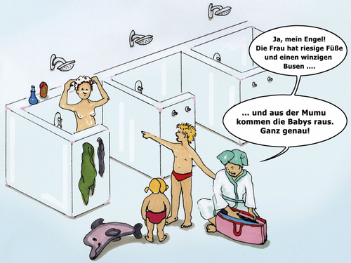 Cartoon: Gemeinschaftsdusche (medium) by SoRei tagged aufklärung,kinder,sauna,schwimmbad,dusche,nackt,anschauungsunterricht,körperlichkeit,mit,dem,finger,zeigen,peinlich,kritik,gelassenheit,anstarren,begutachtung,fleischbeschau,privatssphäre,intimssphäre,genant,schwimmtiere,schwimmflügel,nichtschwimmer,badem