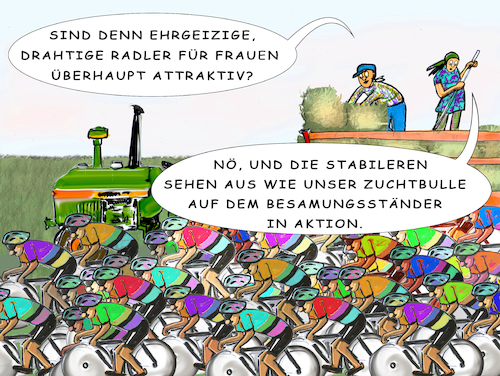 Cartoon: Heiterkeit auf der Tribüne (medium) by SoRei tagged rad,rennrad,radrennsport,sportarten,hirschleder,etappenwertung,gelbestrikot,gesamtwertung,gesamtsieger,ehrgeit,ausdauer,equipment,ausrüstung,heuernte,traktor,ernte,heuwagen,landwirt,heugabel,selbstbezogen,abgewandt,narzissmus,depression,kompensation,exzess,hobby,beruf,sucht,suchtverkalten,extremsport,mann,männer,frauen,attraktiv,bulle,rind,besamungsständer,vergleich,lächerlich,publikum,zuschauer,erlebnisthrill,rennen,wettbewerb,bestzeit,durchschnittsgeschwindigkeit,rad,rennrad,radrennsport,sportarten,hirschleder,etappenwertung,gelbestrikot,gesamtwertung,gesamtsieger,ehrgeit,ausdauer,equipment,ausrüstung,heuernte,traktor,ernte,heuwagen