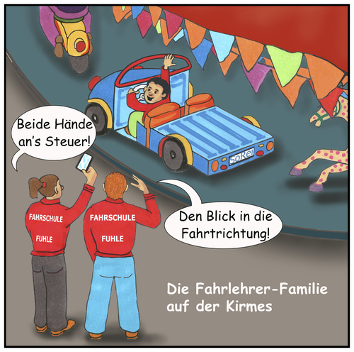 Cartoon: Kinderkarussell (medium) by SoRei tagged fahrlehrerin,mutter,fahrlehrer,vater,kind,karussell,kirmes,fahrgeschäft,belehrung,ermahnung,erziehung,förderung,freizeit,vergnügen,im,dienst,on,duty,außer,verkehrserziehung,stvo,fahrschule,vortrag,unterricht,winken,freude,ablenkung,smartphone,ci,vorbild,verkehrsrowdy,schützling,zögling,schüler,sohn,helikoptereltern,frühförderung,experte,expertin,experten,führerscheinprüfung,fahrstunde,einzelunterricht,fahrpraxis,fahrlehrerin,mutter,fahrlehrer,vater,kind,karussell,kirmes,fahrgeschäft,belehrung,ermahnung,erziehung,förderung,freizeit,vergnügen,im,dienst,on,duty,außer,verkehrserziehung,stvo,fahrschule,vortrag,unterricht,winken,freude,ablenkung,smartphone,ci,vorbild