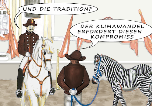 Cartoon: Klimawandel vs Tradition (medium) by SoRei tagged klimawandel,tradition,wiener,hofreitschule,spanische,cavallerie,kavallerie,lippizaner,hengstparade,dressur,hohe,schule,reiten,figuren,armee,vorführung,prestige,hof,könig,sport,zirkus,manege,zaumzeug,sattel,kandarre,kaiser,institution,gestüt,campagneschule,remontenschule,training,disziplin,beritt,bereite,zeremonielle,zeremoniöse,schulreiterei,pferd,zebra,stallung,uniform,reitstall,schloss,reiter,ross,kompromiss,klima,opfer,klimawandel,tradition,wiener,hofreitschule,spanische,cavallerie,kavallerie,lippizaner,hengstparade,dressur,hohe,schule,reiten,figuren,armee,vorführung,prestige,hof,könig,sport,zirkus,manege,zaumzeug,sattel,kandarre,kaiser,institution,gestüt,campagneschule,remontenschule,training,disziplin,beritt,bereite,zeremonielle,zeremoniöse,schulreiterei,pferd,zebra,stallung,uniform,reitstall,schloss,reiter,ross,kompromiss,klima,opfer