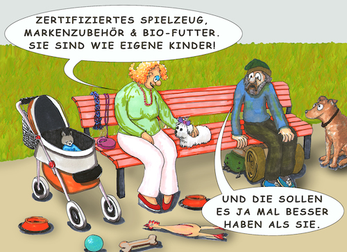 Cartoon: Tierliebe (medium) by SoRei tagged hund,hunde,rassehund,straßenköter,obdachloser,hundemutter,kinderwagen,hundewagen,zubehör,kauknochen,hundespielzeug,hundeleine,hundenapf,näpfe,schlafsack,parkbank,park,verwöhnen,vermenschlichen,hundball,pekinese,pekingese,shihtzu,malteser,zwergspitz,chihuahua,mops,pinscher,rehpinscher,zwergpinscher,nano,armut,missstand,liebe,falsch,verstandene,tierliebe,rucksack,arbeitslos,erwerbslos,luxustier,haustier,kindeersatz,partnerersatz,luxusprobleme,fellpflege,krallen,lackieren,hundefrisör,hundewellness,hundemode,hundebekleidung,tierarzt,hundehotel,hobby,zucht,hundezucht,züchtung,fehlzüchtung,überleben,hunger,würde,almosen,mittellos,überflussgesellschaft,sozial,unsozial,priorität,gesellschaft,rand der kultur,hundesitter,hundeschule,hundetrainer,hundeverein,hundeclub,hundeshow,hundeschau,hundewelpe,hundekrankenversicherung,tierhalterhaftpflicht,besessen,fan,rand,der,kultur