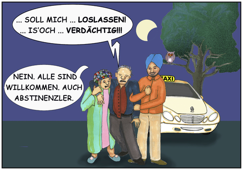 Cartoon: Unter Verdacht (medium) by SoRei tagged hilfe,torkeln,stützen,unterhaken,lockenwickler,bademantel,nachthemd,ehefrau,frau,taxi,nachhause,betrunken,rausch,alkohol,ehemann,mann,baum,nachteule,vollmond,mond,abnehmender,eule,nacht,personenbeförderungserlaubnis,personenbeförderung,fahrerlaubnis,abstinenz,akzeptanz,toleranz,willkommenskultur,vorurteil,berührungsängste,generalverdacht,verdacht,verdächtig,klischee,fremd,turban,taxifahrer,mann,ehemann,alkohol,rausch,betrunken,nachhause,taxi,frau,ehefrau,nachthemd,bademantel,lockenwickler,unterhaken,stützen,torkeln,hilfe,taxifahrer,turban,fremd,klischee,verdächtig,verdacht,generalverdacht,berührungsängste,vorurteil,willkommenskultur,toleranz